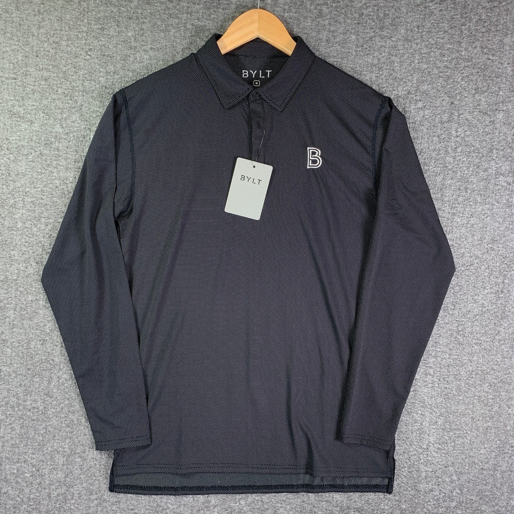 BYTL Polo Men Medium Black Polka Dot Pulse Long Sleeve Performance Stretch NEW